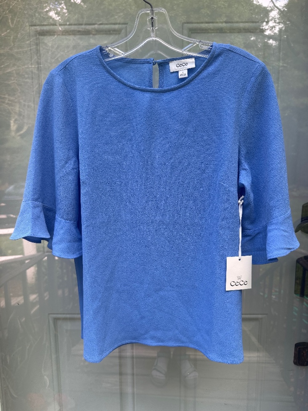 CeCe blouse with bell sleeves, periwinkle blue, size S